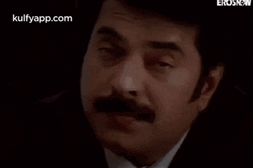 a man with a mustache is wearing a suit and tie and looking at the camera .