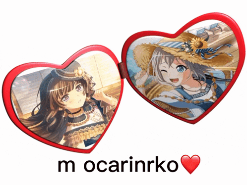 a heart shaped mirror with two pictures of anime girls and the words m ocarinrko below it