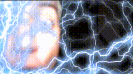 a close up of a person 's face with lightning bolts behind it
