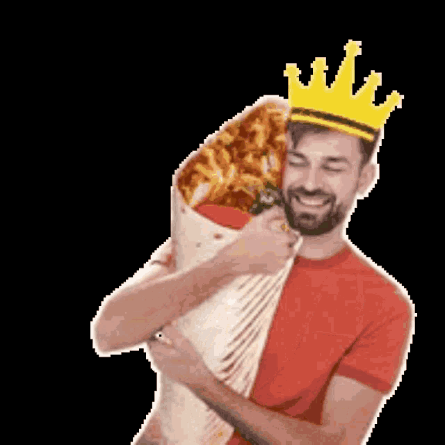 a man wearing a crown is holding a large burrito