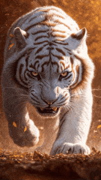 a white tiger is walking through the leaves