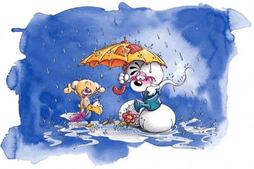 a cartoon drawing of a snowman holding an umbrella in the rain