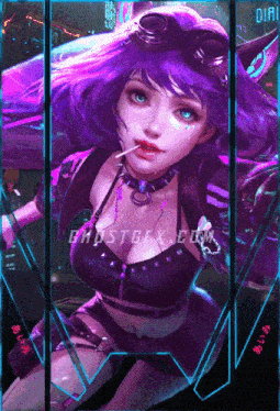 a picture of a girl with purple hair and the words ghostgx.com on the bottom