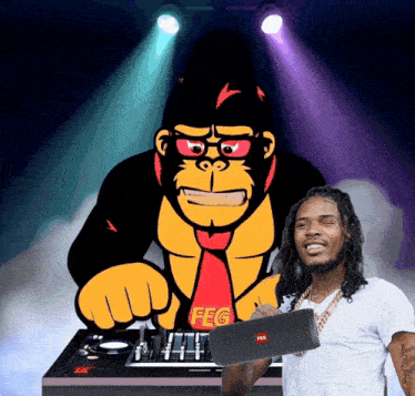 a man holding a speaker in front of a gorilla with the word feg on his necktie