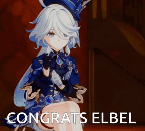 a girl in a blue dress and hat is sitting down with the words congrats elbel written below her