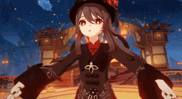 a girl with long hair and red eyes is wearing a hat