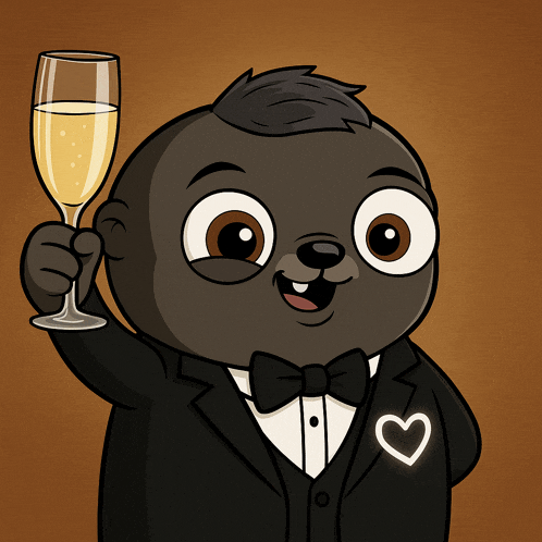 a cartoon character wearing a tuxedo and bow tie holds a glass of champagne