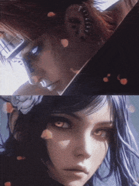 a man and a woman are looking at each other with petals falling around them