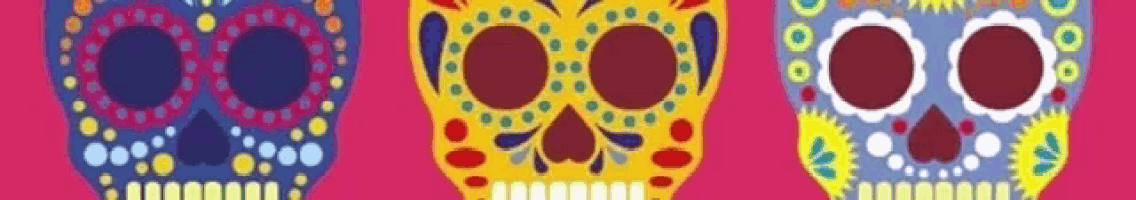 three colorful sugar skulls are lined up on a pink background .