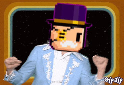 a pixel art of a man wearing a top hat and a suit with gif jif written below him