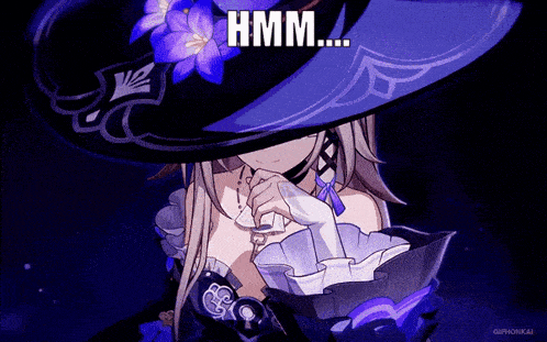 a girl with a purple flower on her hat has the word hmm on her face