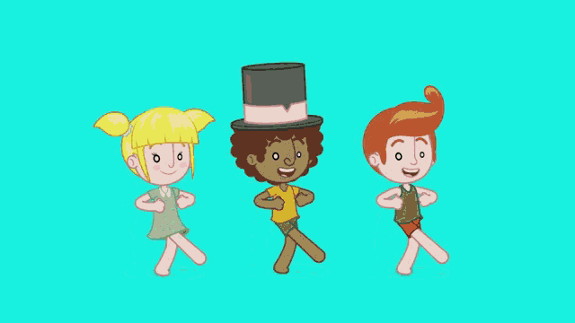 a boy with a top hat is standing next to two other children