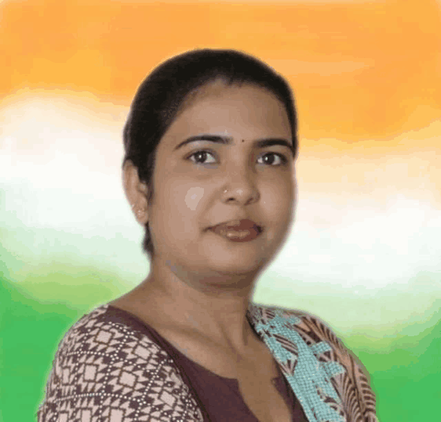 a woman with a nose ring stands in front of a green white and orange background