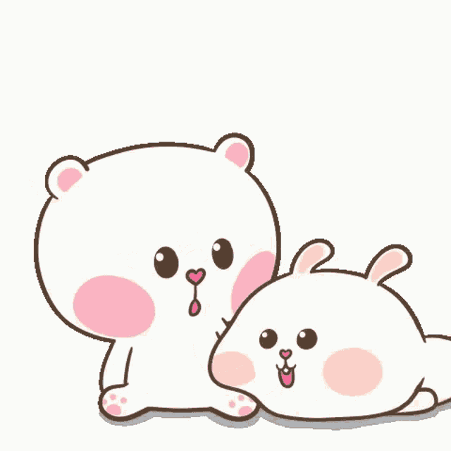 a cartoon of a bear and a rabbit hugging each other with hearts around them .