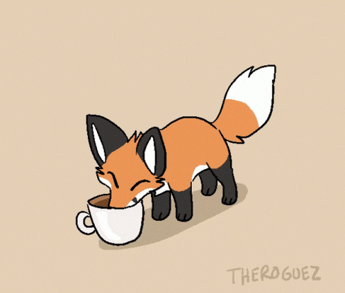 a cartoon of a fox standing next to a cup of coffee by the roguez