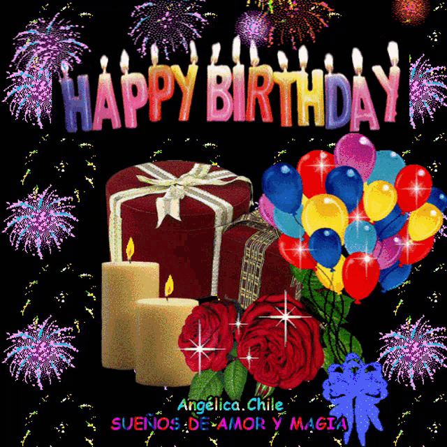 a happy birthday greeting card with candles balloons and roses