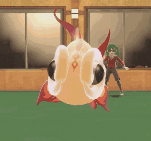 a cartoon character is standing next to a large fish with a red tail