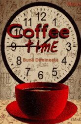 a cup of coffee sits on a saucer under a clock that says coffee time