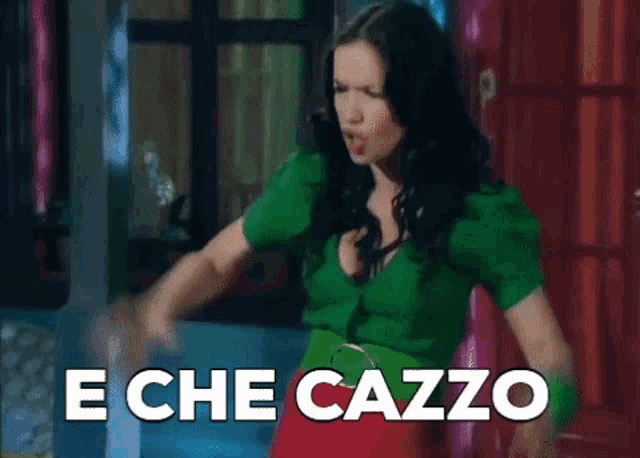 a woman in a green dress is standing in front of a window and says " e che cazzo "