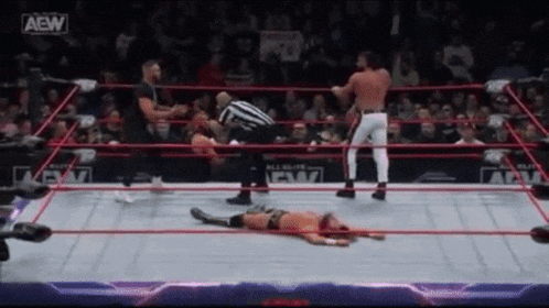 a wrestler is laying on the ground in the middle of a wrestling ring while a referee looks on .