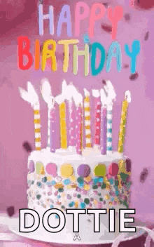 a birthday cake with candles and confetti on it is on a plate on a table .