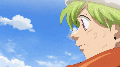a cartoon character with green hair and a white hat looks up at the sky