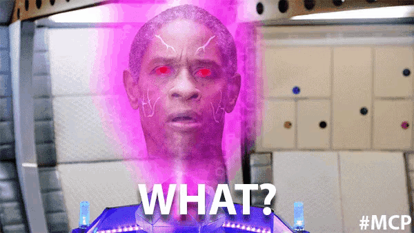 a man with red eyes is surrounded by a purple glow and the words what