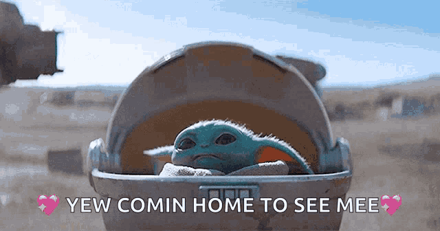 a baby yoda is sitting in a stroller with the words yew comin home to see mee