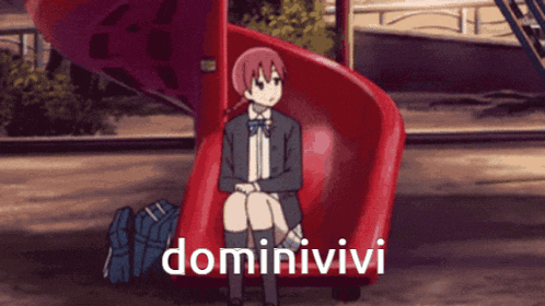 two anime girls are sitting on a red slide with the words dominivivi written on the bottom
