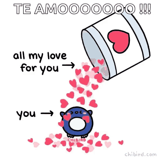 a cartoon of a penguin with hearts pouring out of a bucket and the words " all my love for you "