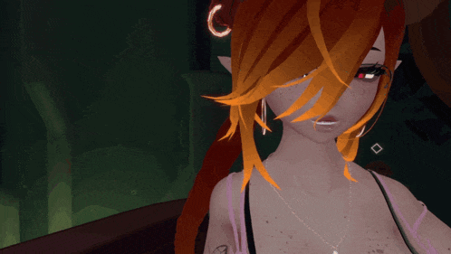 a close up of a girl 's face with a necklace around her neck
