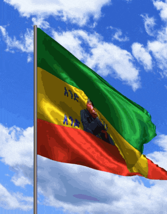 a green yellow and red flag with the word ethiopia on it is waving in the wind