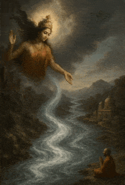 a painting of a woman with a crown on her head reaching out towards a river