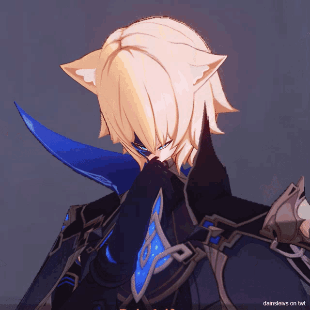 a video game character with a cat ear covering his face
