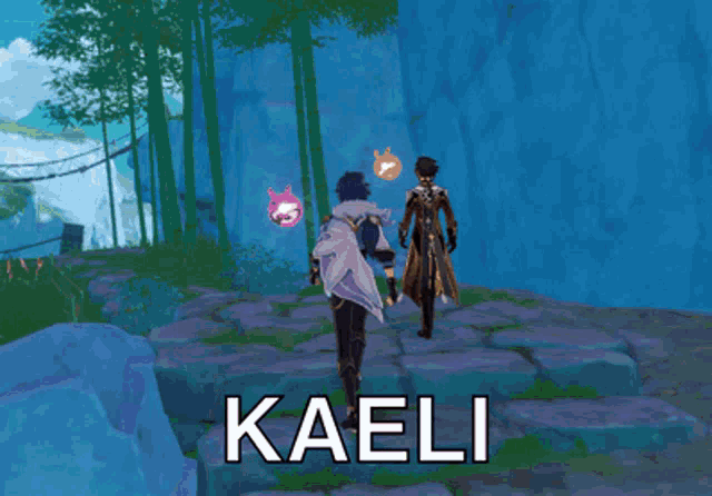 two anime characters are sitting next to each other and the word kaeli is on the bottom right
