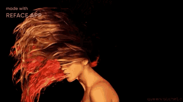 a woman 's hair is blowing in the wind and is made with the reface app