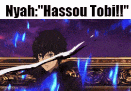 a picture of a boy with a sword and the words nyah hassou tobi written on it