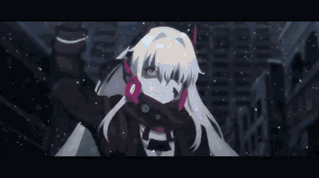 a girl with white hair and red horns is holding a sword in her hand .