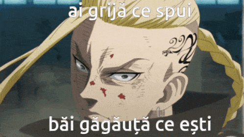 a picture of a man with a tattoo on his forehead and the words ai grija ce spui