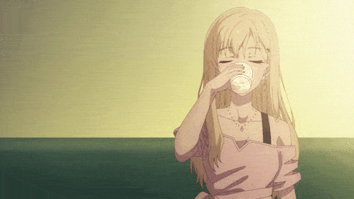 a girl in a pink dress is drinking from a white cup