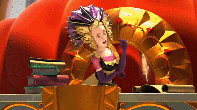 a cartoon character with purple gloves and a purple hat
