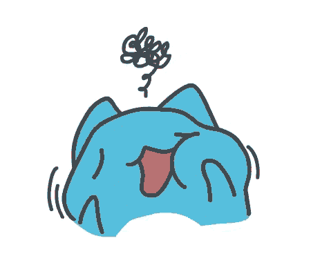 a cartoon drawing of a blue cat with its tongue out and the word sleep above its head