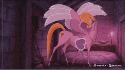 a pink horse with wings and a heart on its chest is being kissed by another pink horse