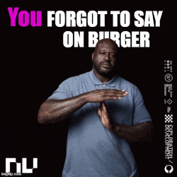 a man in a blue shirt stands in front of a black background that says " you forgot to say on burger "