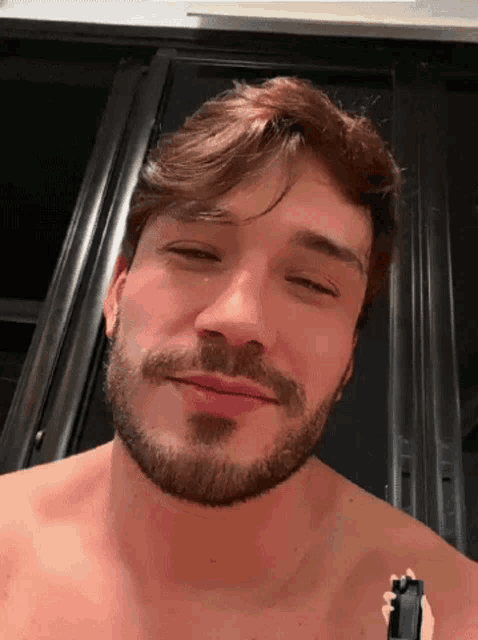 a shirtless man with a beard is smiling and looking at the camera