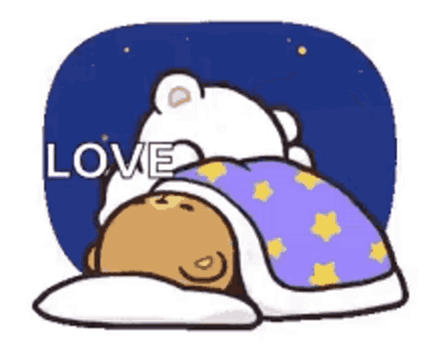 a cartoon of a bear sleeping under a blanket with the word love .