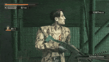 a video game screen shows a man with a tattoo on his eye and the number 1397