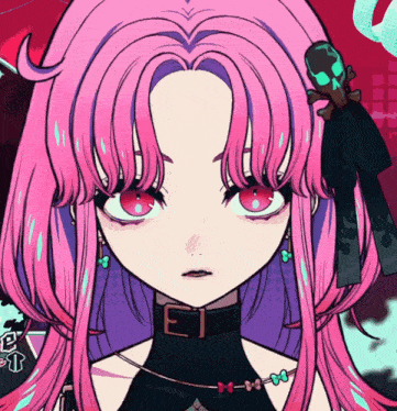a drawing of a girl with pink hair and a choker that says ej