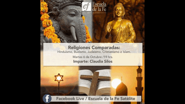 an advertisement for escuela de la fe shows a buddha and a star of david