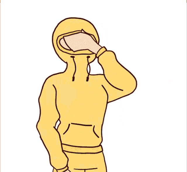 a cartoon of a person wearing a yellow hoodie with a mask on their face
